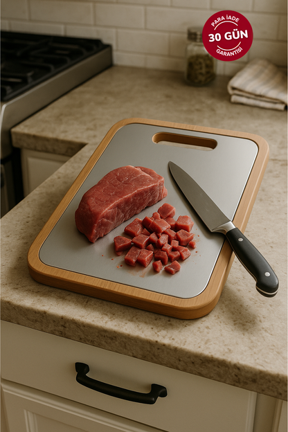 Fera™ Bufolo Paslanmaz Çelik Kesme Tahtası – Ahşap Çerçeveli