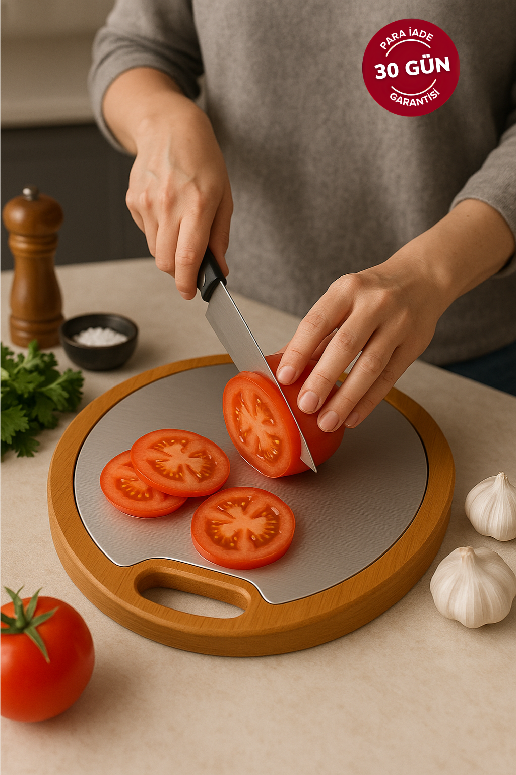 Fera™ Venüs Paslanmaz Çelik Kesme Tahtası – Ahşap Çerçeveli